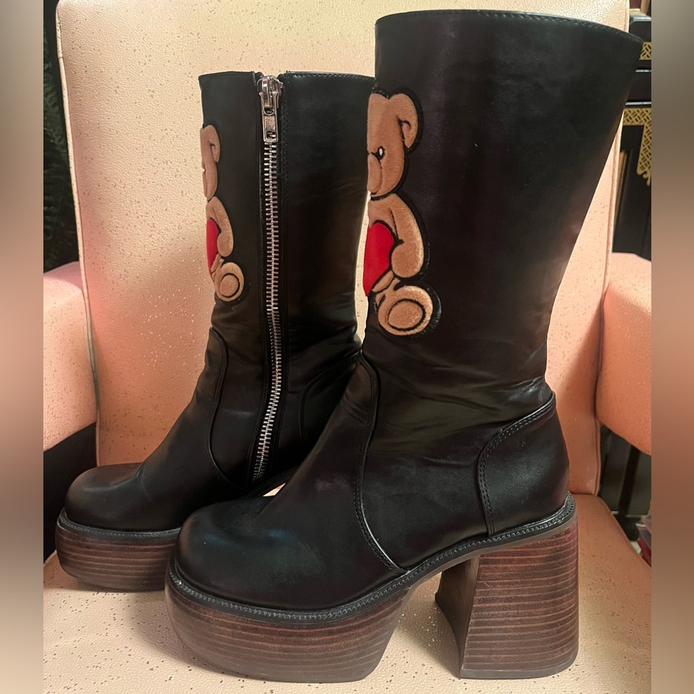Dolls kill Delias Vegan Leather Calf Teddy Bear Platform Kawaii Black Boots 7 - Picture 2 of 8
